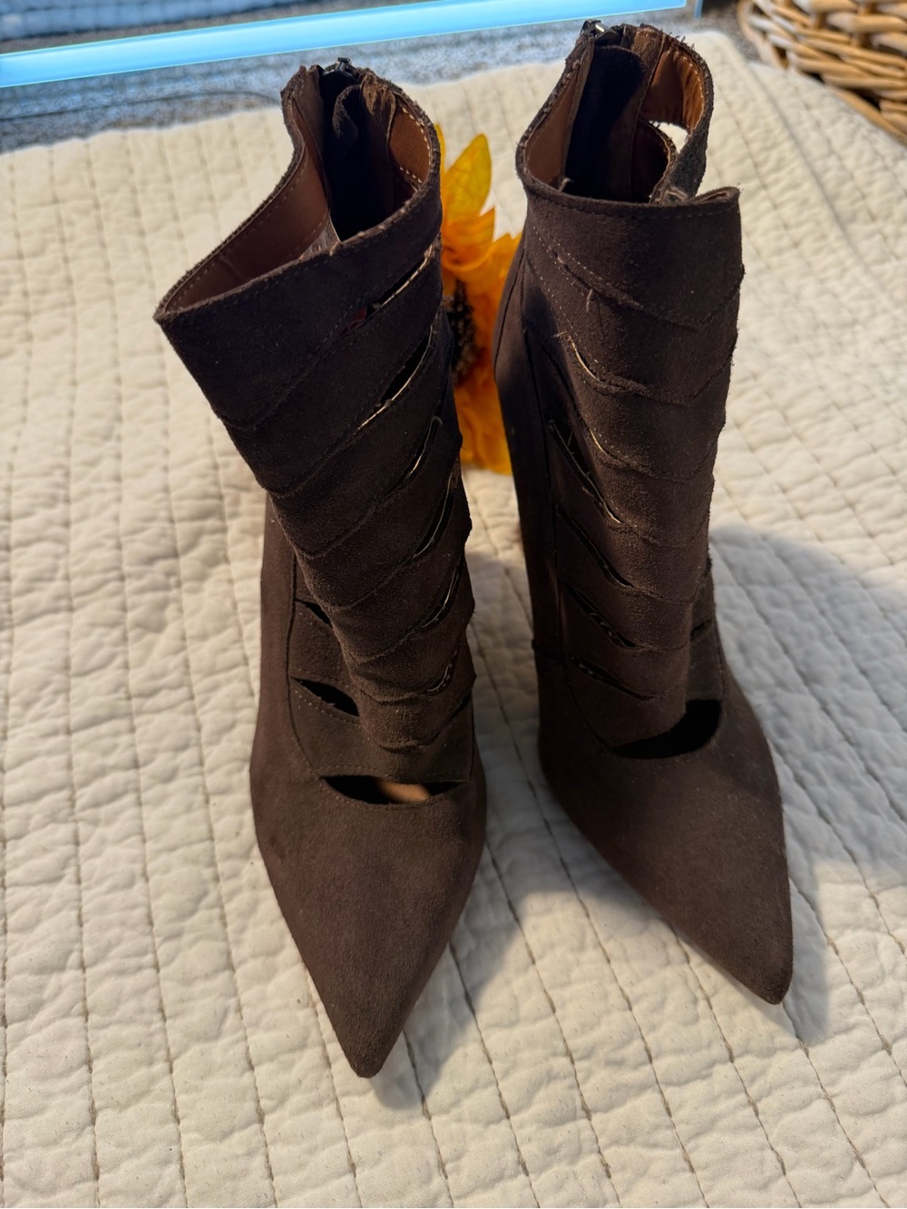 Steve Madden Dark Brown Suede Pointed-Toe Cutout Ankle Heels
